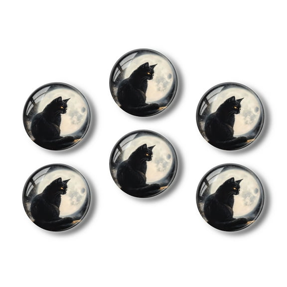 Glass Refrigerator Magnet 6Pcs Magnetic Fridge Sticker,Decor for Kitchen,Whiteboard,Cabinet,Black Cat With Glowing Eyes In Front Of The Moon