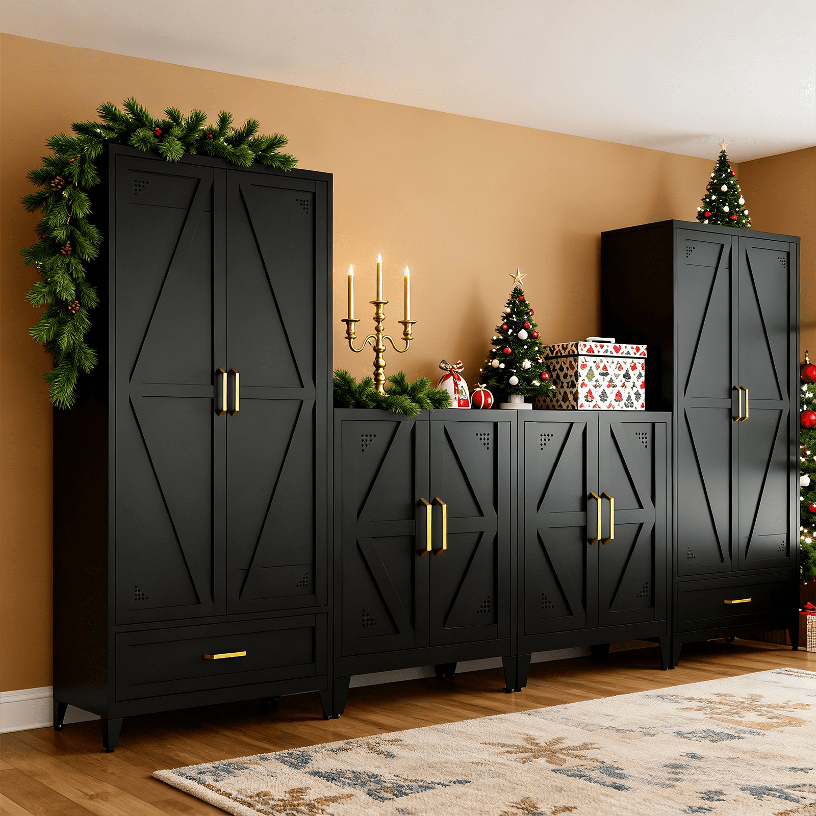 JHYKFG 32"Metal Pantry Storage Cabinet,Freestanding Sideboard with 2 Adjustable Shelves for Small Spaces, Living Room, Hallway, Dining Room,Black