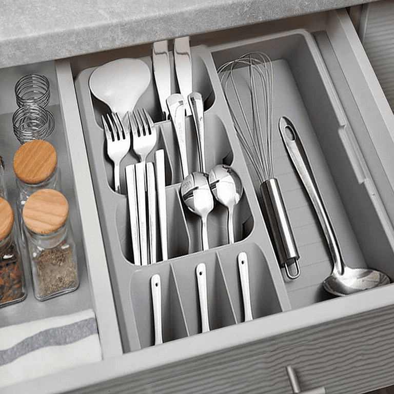 Expandable Silverware Organizer, Flatware Organizer For Drawer, Utensil  Organizer And Adjustable Cutlery Tray For Kitchen Drawer, White & Gray