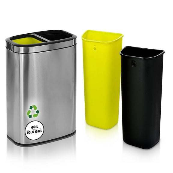 Alpine 40 Liter / 10.5 Gal Slim Dual Trash Can and Recycling Bin - Modern Stainless Steel Double Garbage Can, Two Compartment Trash Can Open Top, Removable Lid & Liners for Kitchen, Office, Bathroom
