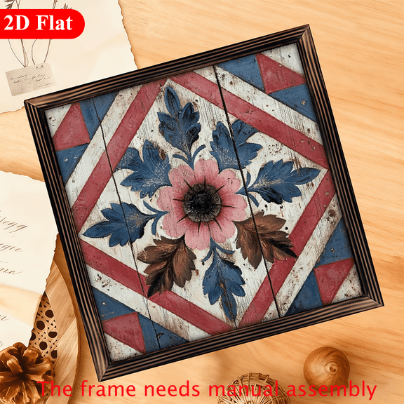 2D Flat Vintage Barn Quilt Star Wall Art with Frame, 12x12 Inch - Rustic Red, White Black Wooden Star Decor, Ideal for Bedroom, Office, or Garage, Perfect Holiday Gift, Farmhouse Chic, Ornament, W