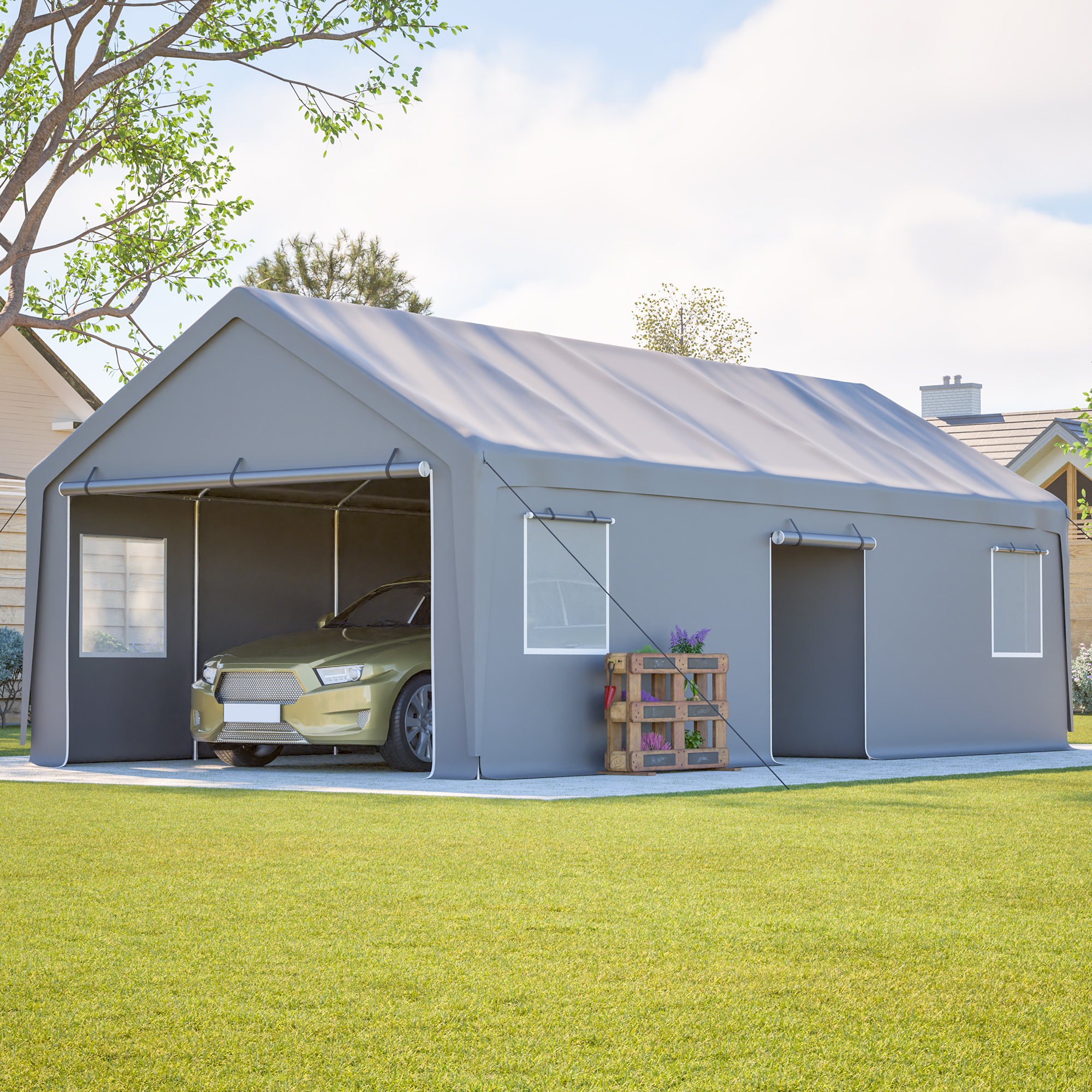 LZBEITEM 13x26 ft Heavy-Duty Modular Carport with 5-Zone Divider, Galvanized Steel Frame Portable Outdoor Garage PE Waterproof Cover, Roll-up Sidewall，Ventilated Windows, UV Snow Wind Proof