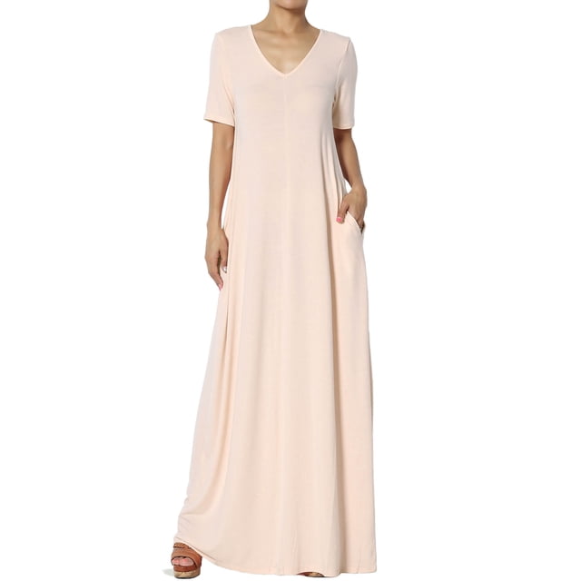 TheMogan Robe Maxi Surdimensionnée en Jersey Doux pour Femmes, Col en V, Manches Courtes avec Poche