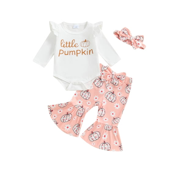 Suealasg Baby Girl Halloween Clothes 3 6 12 18 Months Infant Girl Long Sleeve Letter Print Romper  Flower Pumpkin Print Flared Pants  Headband 3Pcs Casual Halloween Outfits for Newborn Girl