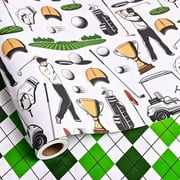 Reversible Golf Wrapping Paper for Men Boys - Golf Clubs Balls Green Plaid Pattern Sports Gift Wrap Sheets for Golf Theme Birthday Party Supplies Holiday - 17 Inch x 20 feet(Total 28.5sq.ft)