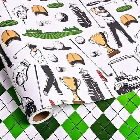 Reversible Golf Wrapping Paper for Men Boys - Golf Clubs Balls Green Plaid Pattern Sports Gift Wrap Sheets for Golf Theme Birthday Party Supplies Holiday - 17 Inch x 20 feet(Total 28.5sq.ft)