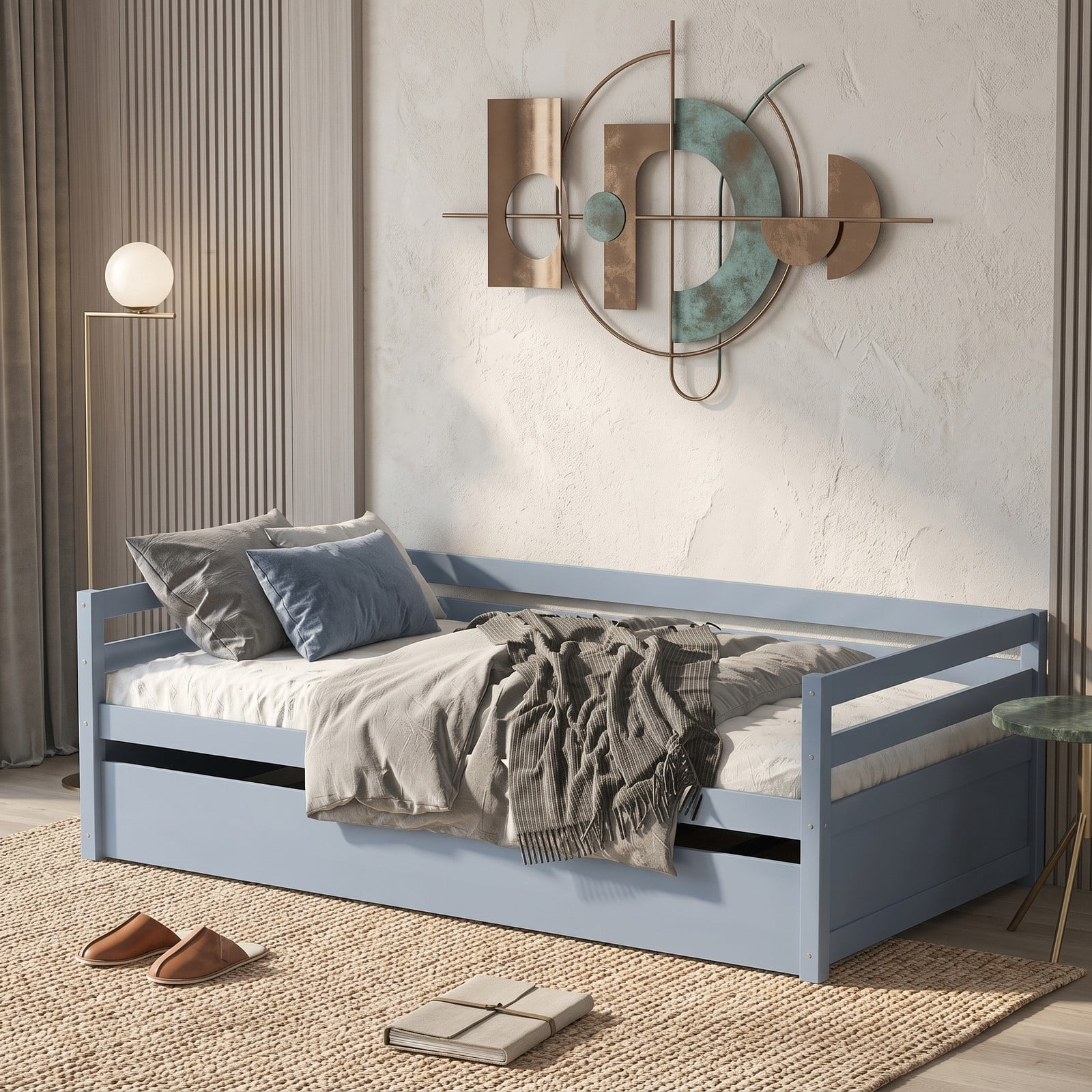 Furnibear Twin Trundle Daybed Frame with Pull Out Trundle and Wooden Slat Support and Side Rails for Bedroom and Guest Room, Gray