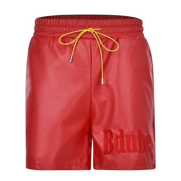 Men'S Pu Leather Shorts Zipper Straight Leg Short Pants Clubwear Men'S Casual Shorts Red M