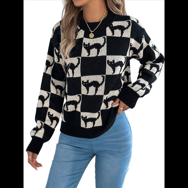 Suéter de Larga con Cuello Redondo para Mujer, Suéter Holgado de Punto, Tendencia de Otoño e Invierno, Tops Casuales de Moda. Negro S