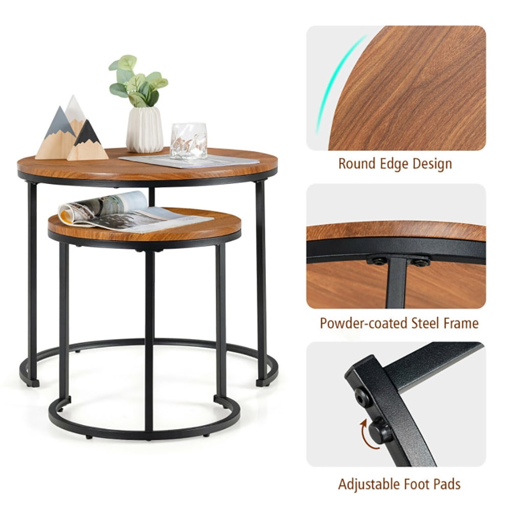 Finihen Round Nesting Coffee Table, Modern Nesting Side Set, Set of 2 Modern Round Stacking Nesting Coffee Tables, for Living Room, Reception Room, Light Brown Finihen Round Nesting Coffee Table, Modern Nesting Side Set, Set of 2 Modern Round Stacking Nesting Coffee Tables, for Living Room, Reception Room, Light Brown