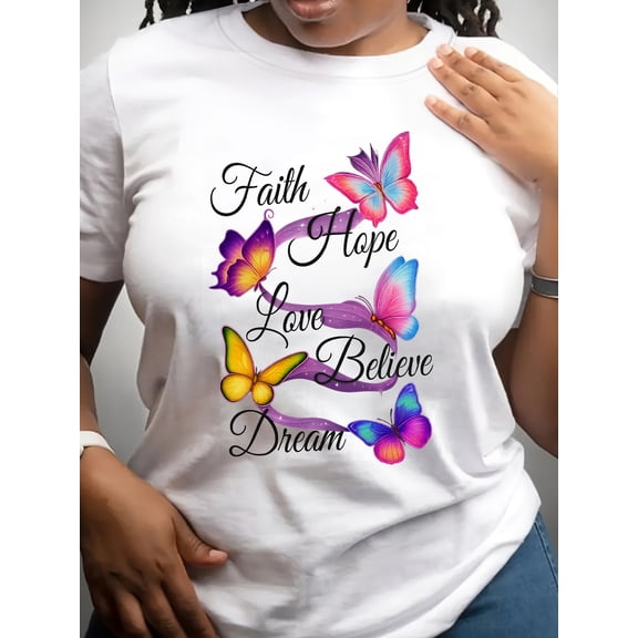 Faith Hope Love Believe Dream Graphic Tee for Women, Inspirational Butterfly Floral Print Short Sleeve T-Shirt, Casual Crew Neck Top for Daily Wear