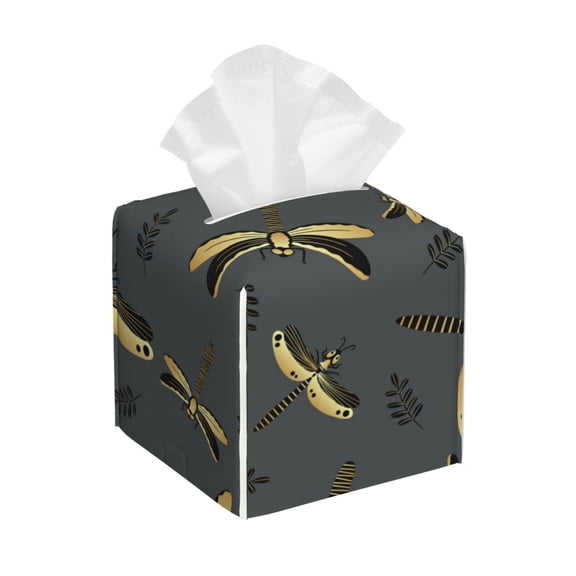 Leather Tissue Box Cover Square - Black Golden Dragonfly Waterproof Tissue Box Holder Paper Case Organizer Dispenser for Modern Home Office Room Home Bathroom Decor