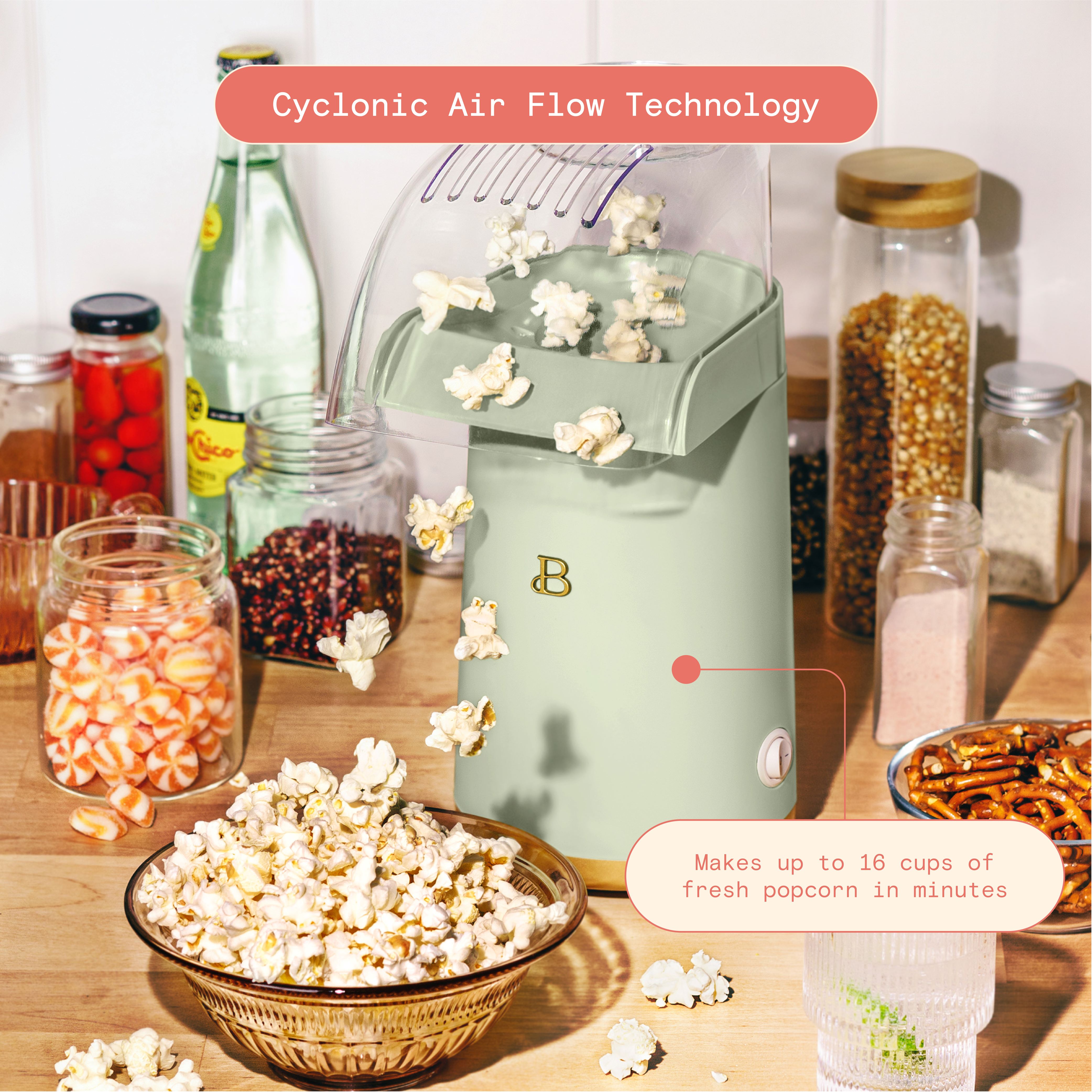 Beautiful 16 Cup Hot Air Electric Popcorn Maker, Sage Green by Drew Barrymore - image 6 of 13