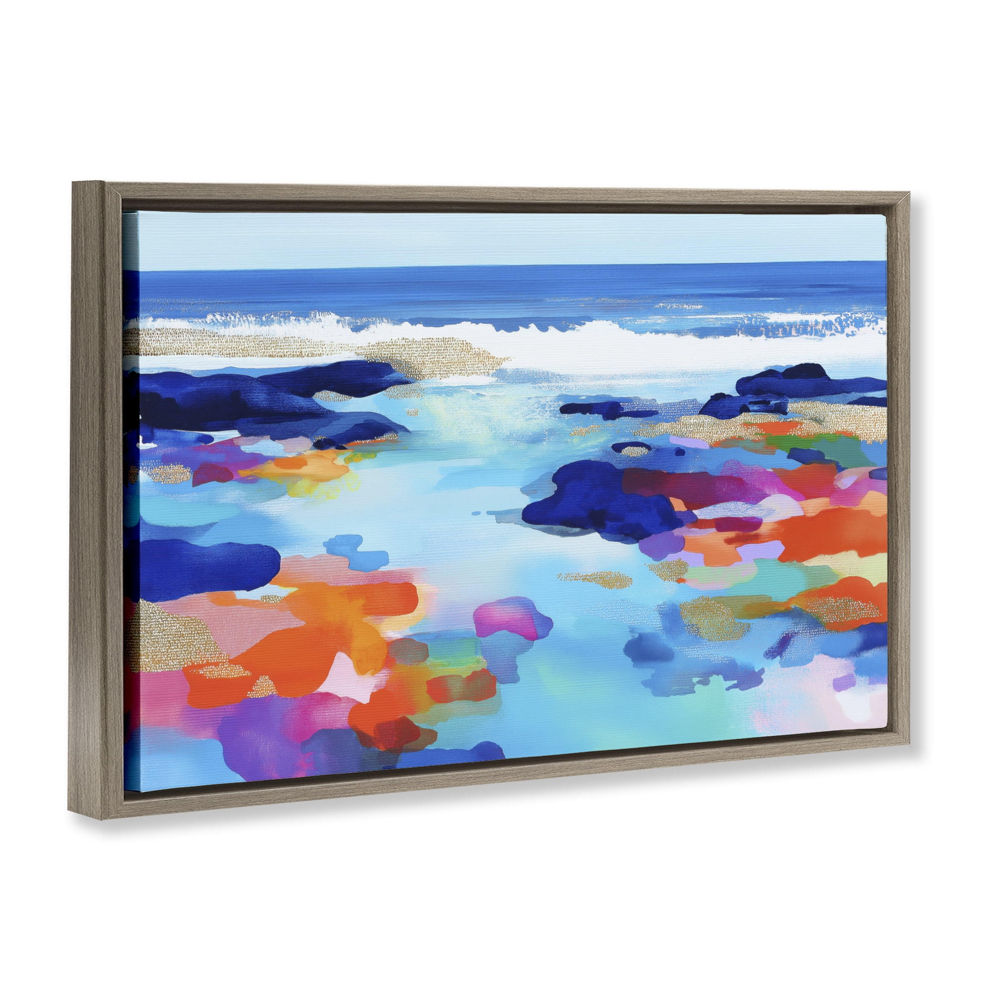 Stupell Industries Coastal Pools Overlay Abstraction Brown Framed Floater Canvas Wall Art, design by Chromatic Storm Studio