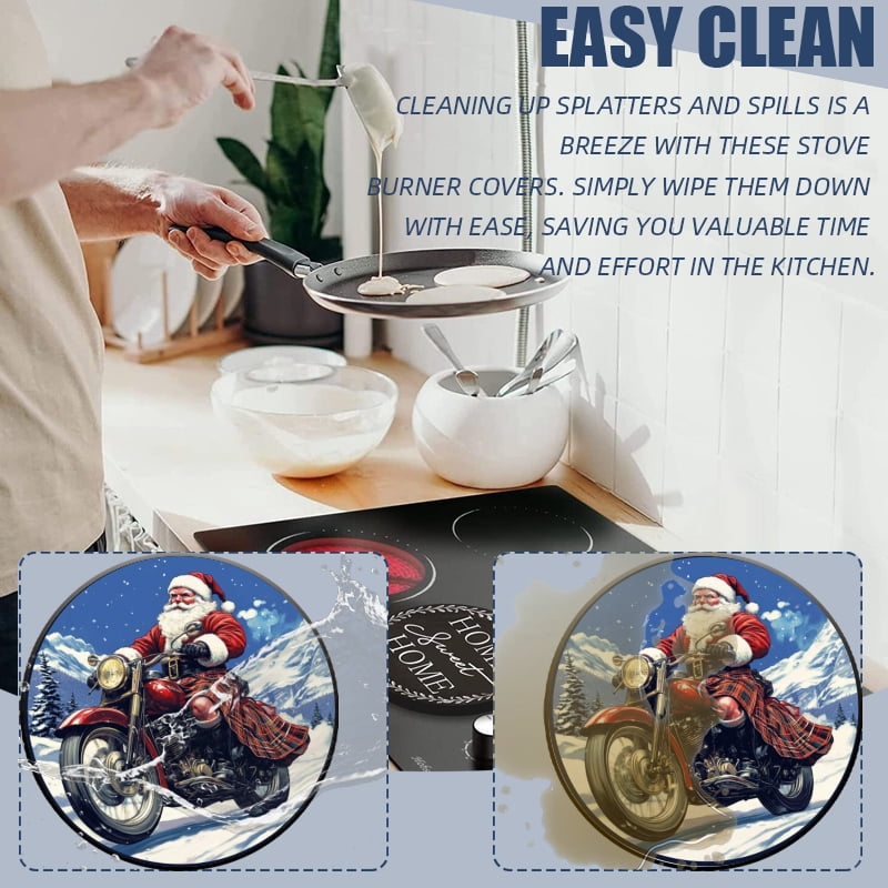 Christmas Round Stove Burner Covers Set of 4, Santa Claus with snowy Winter Motorcycle Mental Durable Xmas Kitchen Holiday Decorative Gas Stove Burner Covers, 8 Inches and 10 Inches