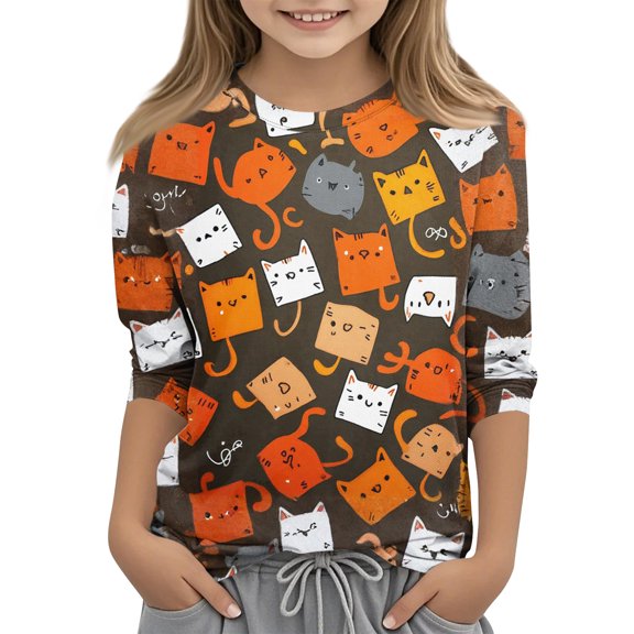 Abcomgle Kids 3/4 Sleeve Shirt Girls 7-8 Casual Cat Print Crewneck T-Shirts for Girls Summer Basic Top for Girls Trendy Girls Blouses,Sky Blue,5-6Years