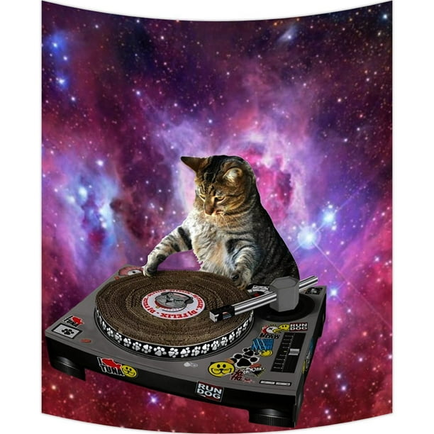 GCKG Cool Galaxy DJ Cat Funny Animal Pet Wall Art Tapestries Home Decor  Wall Hanging Tapestry Size 40