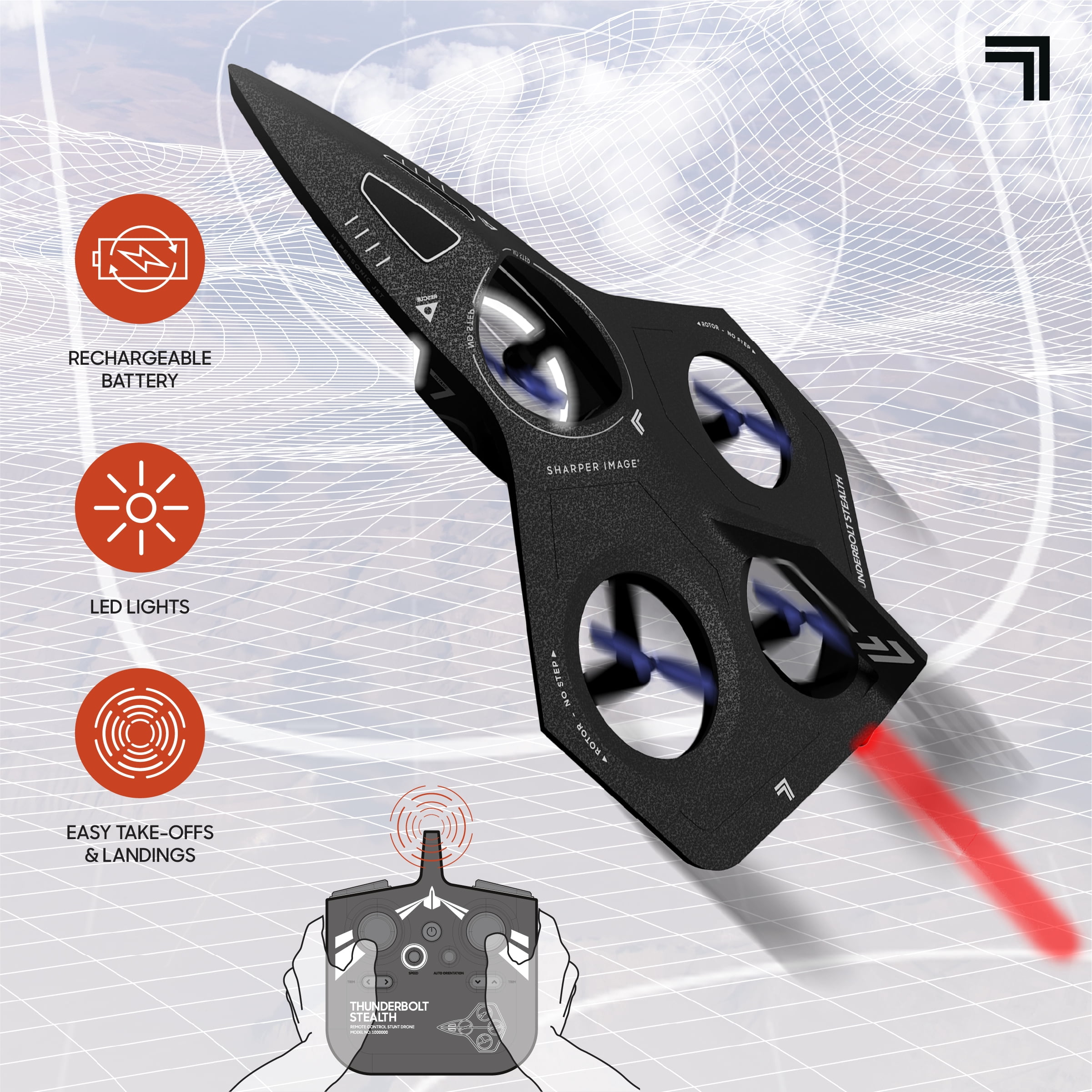 Sharper Image® Thunderbolt Stealth Drone, USB-C Rechargeable, Flight Assist & Gyro Sensor, Long Range Stunt Control