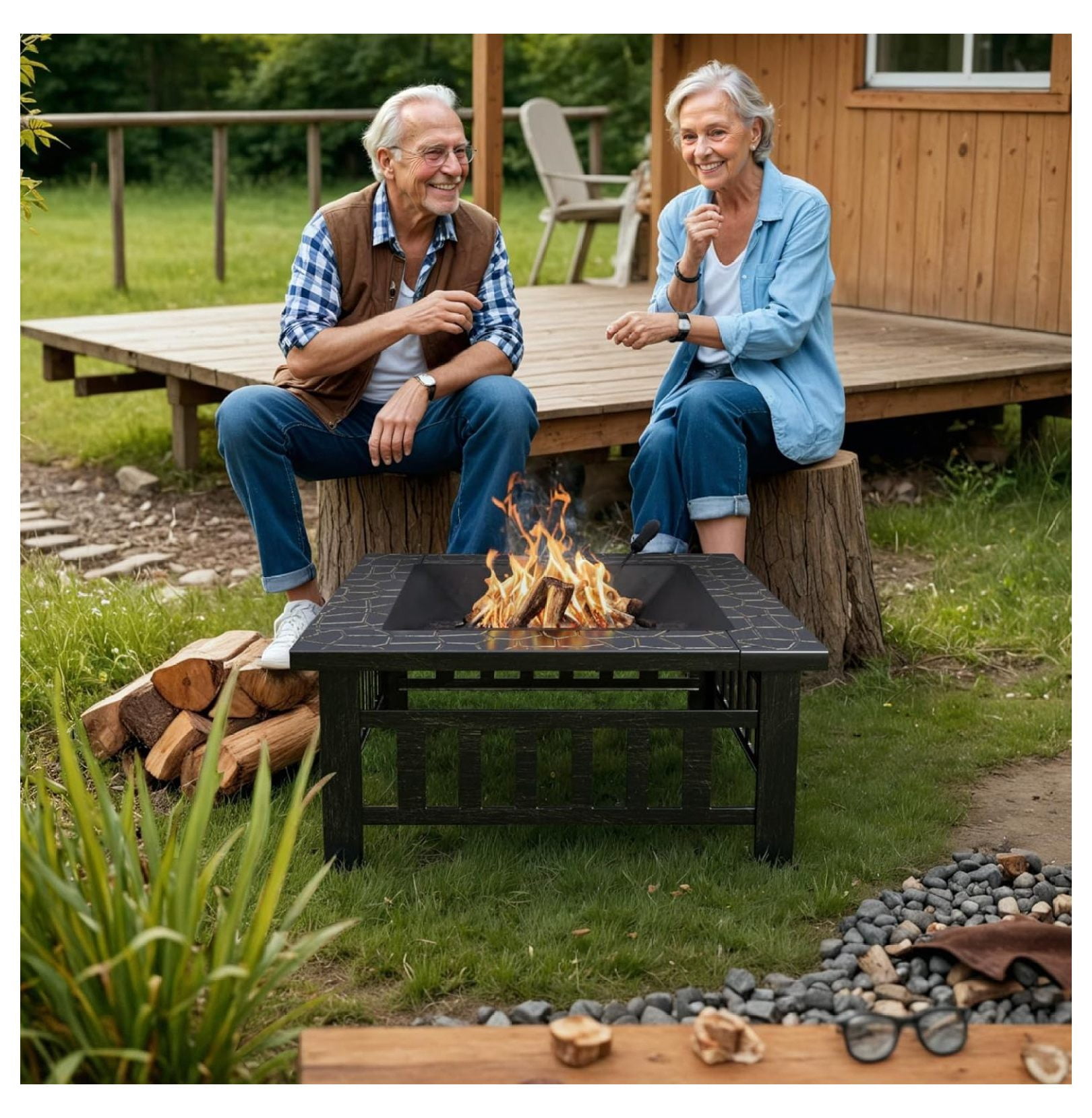 SONGMY Outdoor Fire Pit, 32 Inch Firepit Table Metal Outdoor Fireplaces with Waterproof Cover for Outside Patio Camping (Bronze)