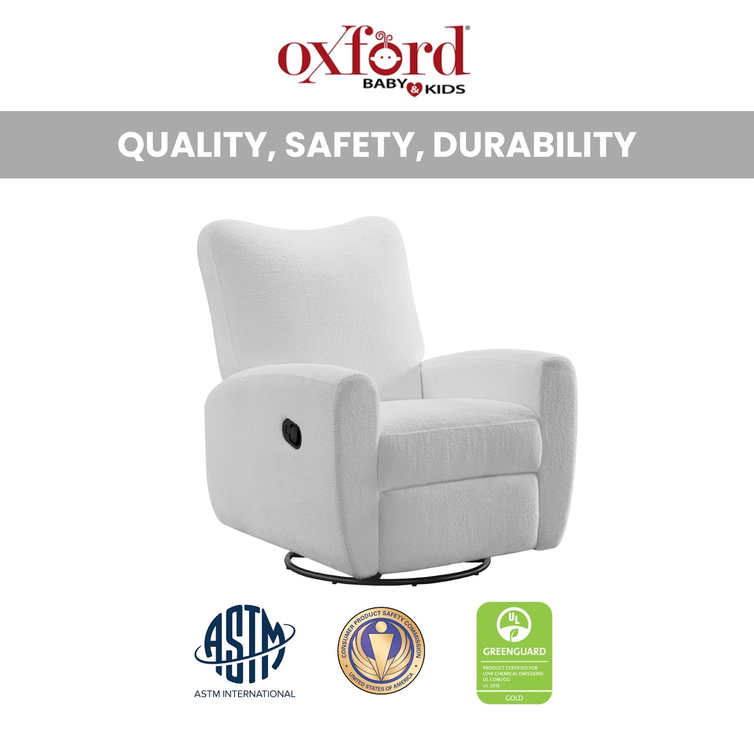 Oxford Baby Synergy Upholstered Glider Recliner Rocking Chair, Green Guard Gold Certified, 360° Swivel For Nursery And Living Room - Plush White