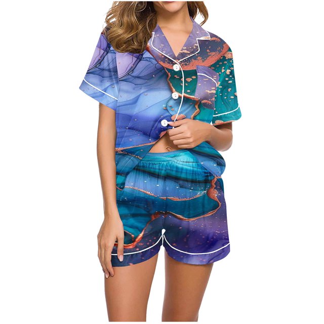 Jamicy Pyjama Doux pour Femmes Mode Décontractée Imprimé Manches Courtes Col à Revers avec Shorts Ensemble de Pyjama Confortable et Ample pour la Maison
