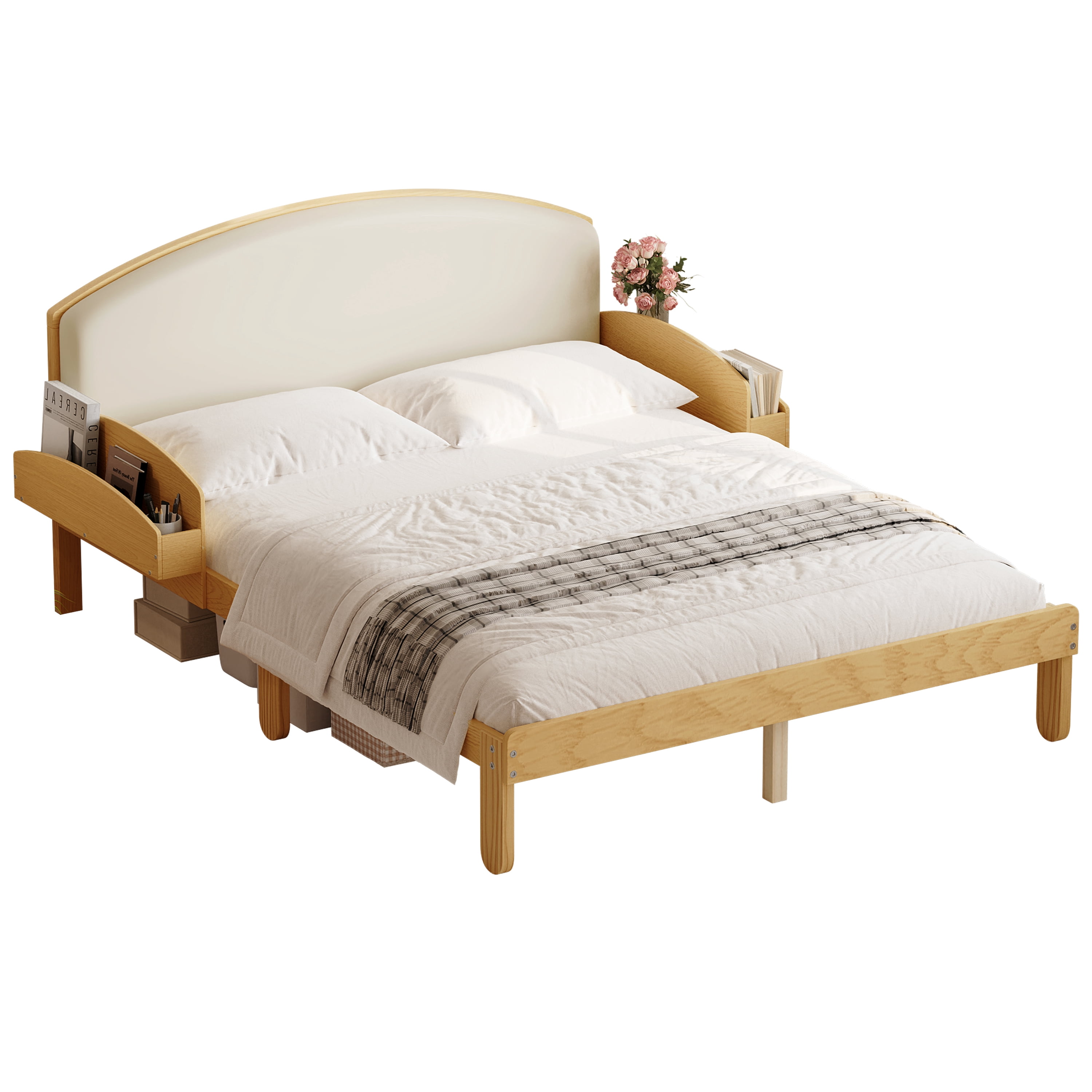 Euroco Full Size Platform Bed with Upholstery Headboard, Wood Bed Frame with Storage Shelves, No Box Spring Needed, Natural