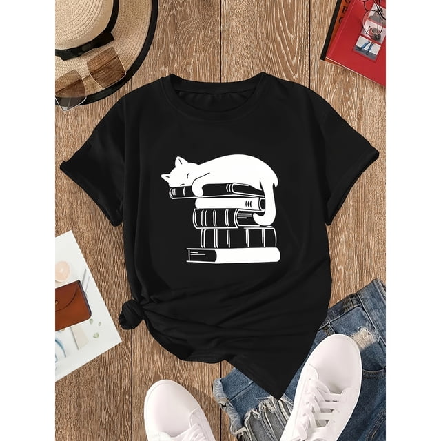 Camiseta de manga corta para mujer, de cuello redondo, casual y de moda, con estampado de libro de gato en blanco y simple, estilo de Oriente Medio, para adulta