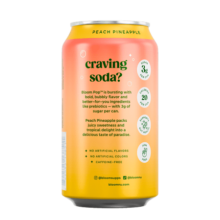 BLOOM NUTRITION POP PREBIOTIC SODA, PEACH PINEAPPLE, 12 FL OZ, CAN