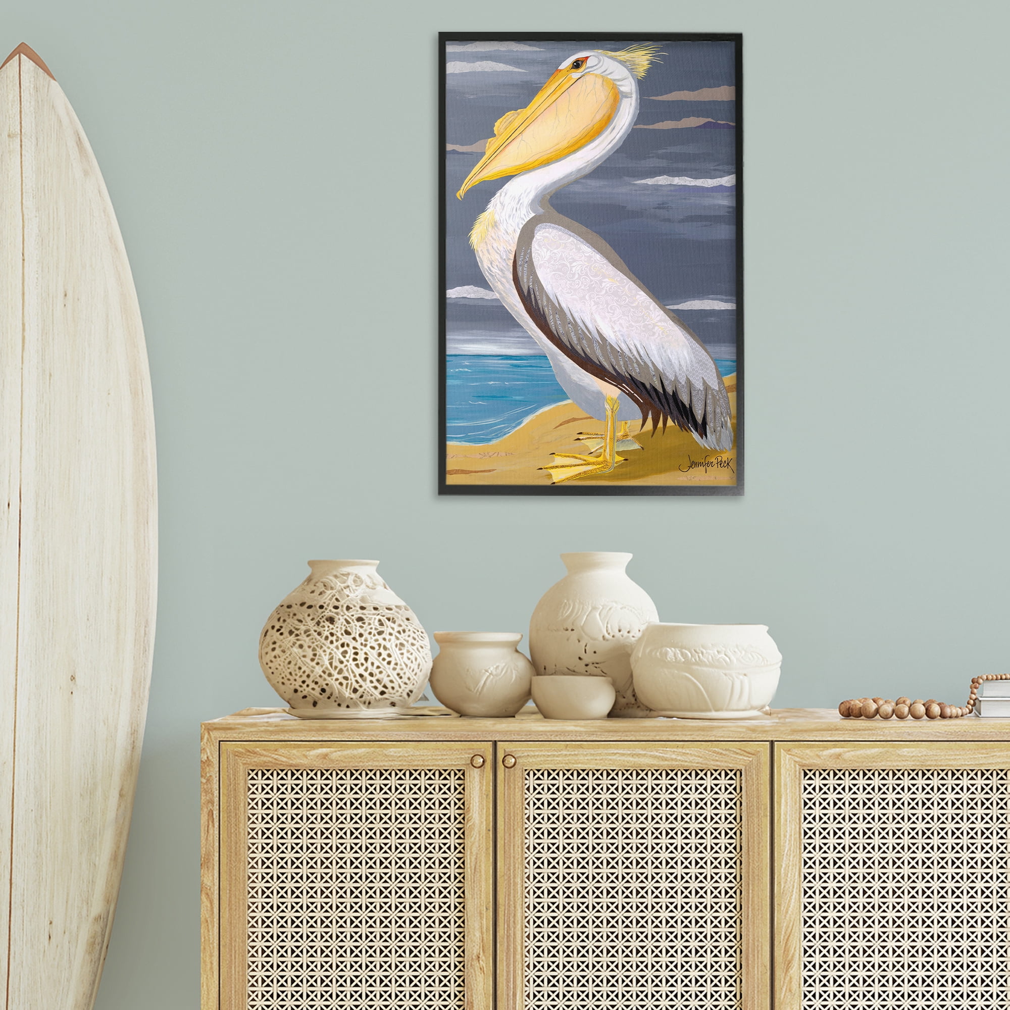 Stupell Industries White Pelican on Shore Animals & Insects Painting Black Framed Art Print Wall Art, 20 x 30
