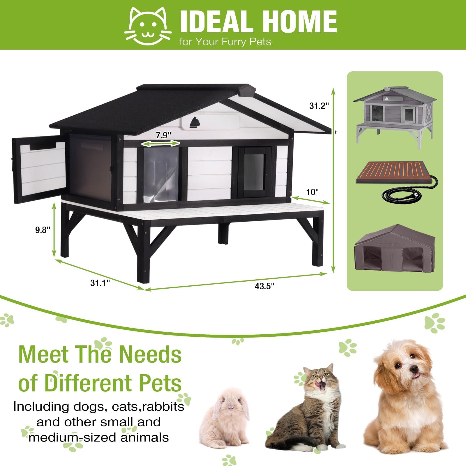 Aivituvin Heated Cat House for Outside, Large Outdoor Cat House Insulated Weatherproof Feral Cat Shelter with Heating Pad, Insulated Thermal Liner, Chewproof Cable for 1-4 Cats, Black & White