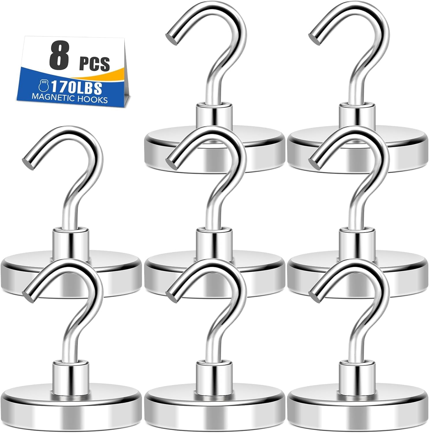 RGHJAR-Magnetic Hooks Heavy Duty, 170LB+ Strong Neodymium Magnets for Refrigerator, Large Magnetic Hooks for Hanging, Magnets with Hooks Cruise Ship Essentials for Kitchen, Workplace - 8 Pack