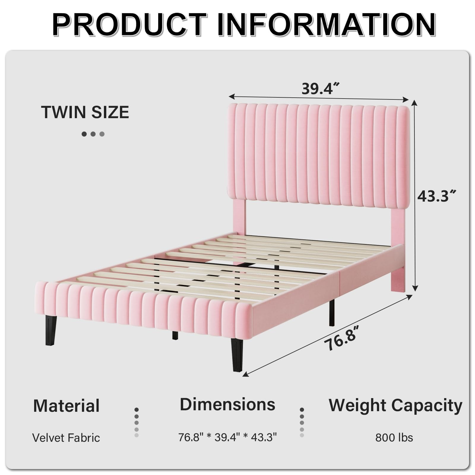 4 Ever Winner Twin Upholstered Platform Bed Frame with Vertical Channel Tufted Headboard, Pink