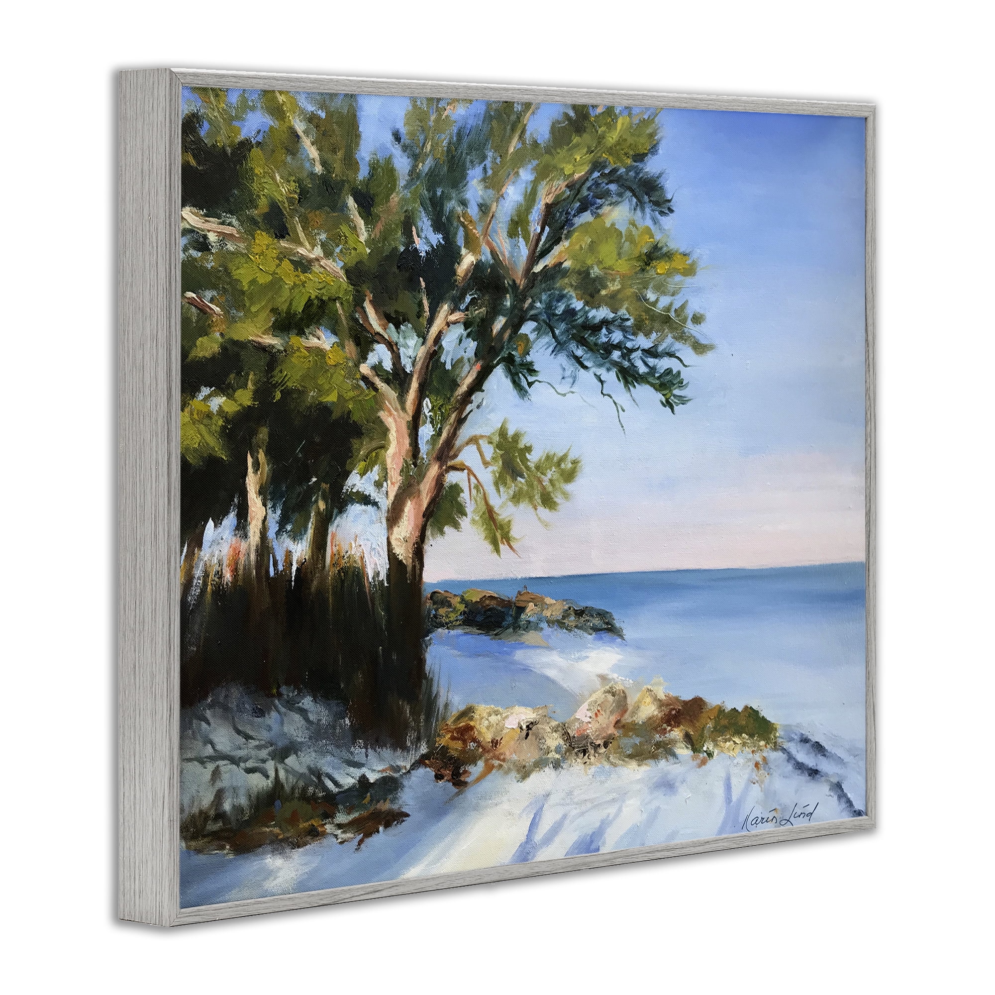 Stupell Industries White Sand Beach Landscape Painting Gray Framed Art Print Wall Art, 14 x 11