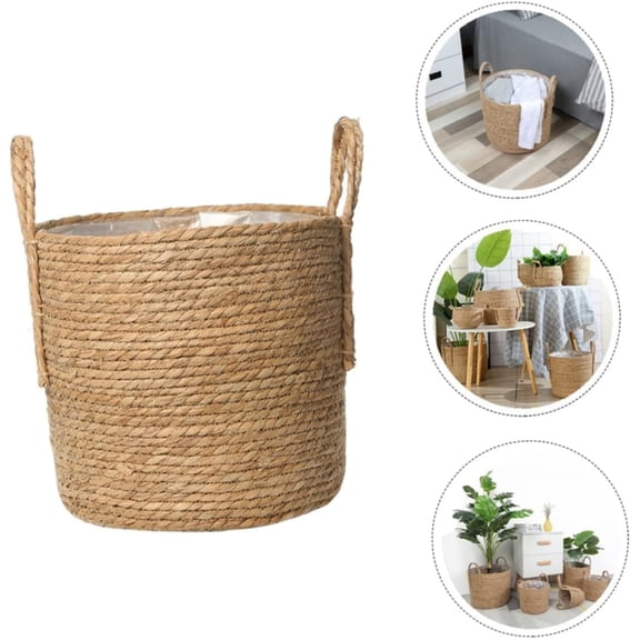 Woven Basket Seagrass Planter Basket with Handles Straw Plant Pot with Plastic Liner Craft Straw Basket Durable Laundry Hamper Plant Containers Basket for Indoor Plants Laundry Room 11.8 inch
