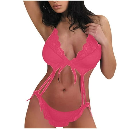 

Gaiseeis Women s Sexy Lace Lingerie Straps Bra And Panty Set Underwear Hot Pink L
