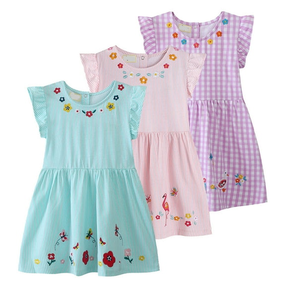 Emy Dola Toddler Girl's Dresses Easter Cotton Ruffle Sleeve Jersey Dress 2-8 Years A-Line Embroidery Casual Summer Sundress