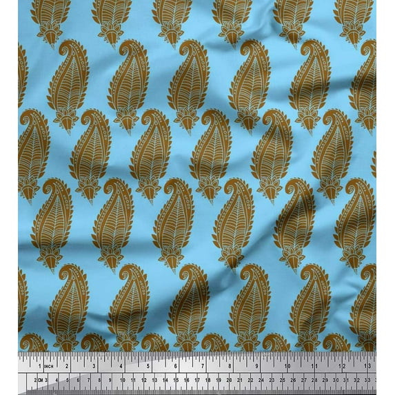 Soimoi Blue Poly Georgette Fabric Brown Paisley Print Fabric by the Yard 42 Inch Wide