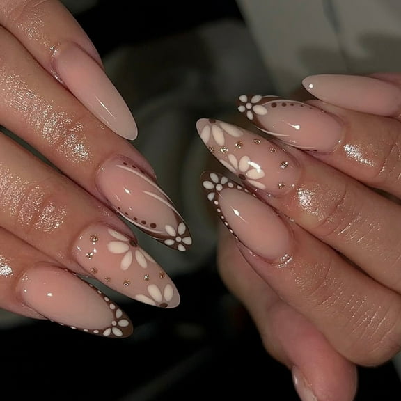 Faux Nails Autumn Gleaming Flower Teardrop Print Mediumed Length Press On Nails 24Pieces Artificial Fingernails