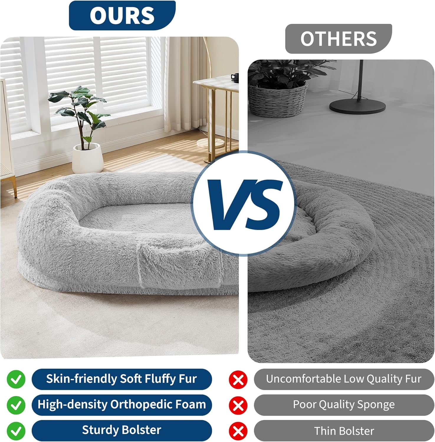 Rugerasy 65 Inch Large Gaint Shared Bed for People Pets,Human Dog Bed for Adult,Washable Faux Fur Removable Nap Bed Bean Bag with Handle Side Pocket,Light Gray