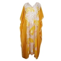 Mogul Women Long Kaftan Dresses, Luxury sheer Georgette Embroidered Caftan Dress, Orange Yellow Abaya Kaftan
