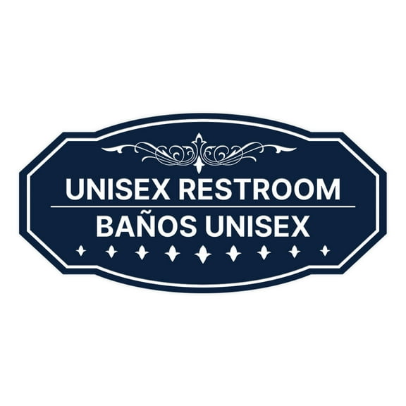 Signs ByLITA Victorian Unisex Restroom/ Baños Unisex Bilingual Sign (Navy Blue / White) - Large