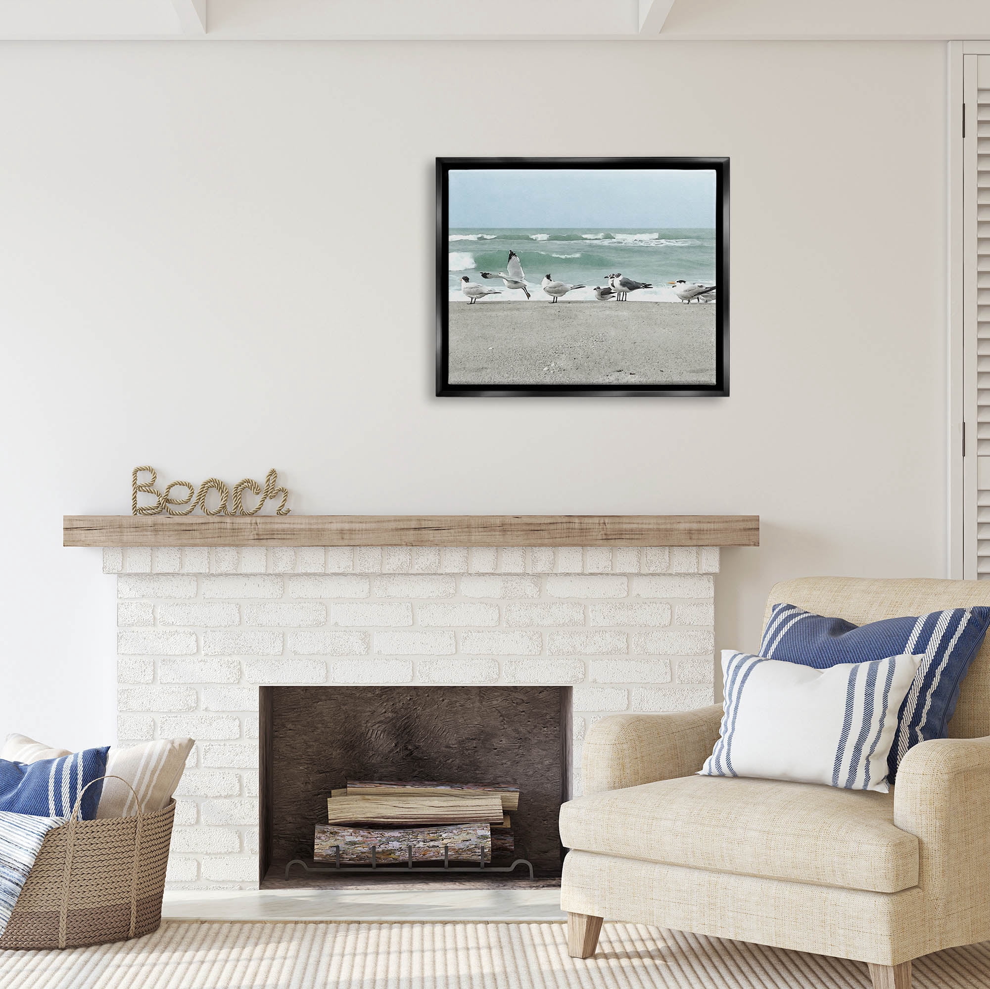 Stupell Industries Birds Gathering On Shore Rolling Ocean Waves Coastal Painting Black Floater Framed Art Print Wall Art