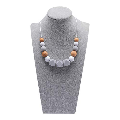Pale blue and Grey Silicone teething nursing necklace for a mum to wear