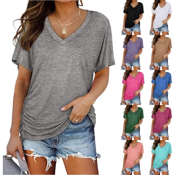 KLHDSF Womens Summer Tops Side Shirring V Neck Tee Short Sleeve Lightweight Casual Summer Top Gray XXL