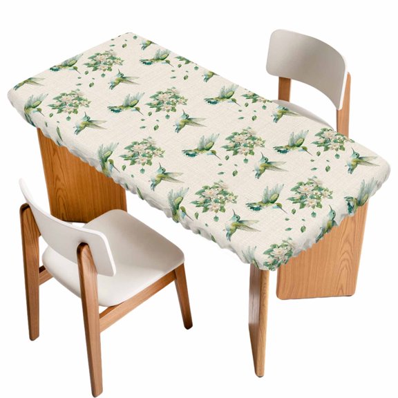 Summer Botanical Table Cloths for 3 Foot Rectangle Tables, Green Spring Floral Birds Vintage Patio Waterproof Elastic Fitted Tablecloths, Washable Rectangular Table Cover for Camping