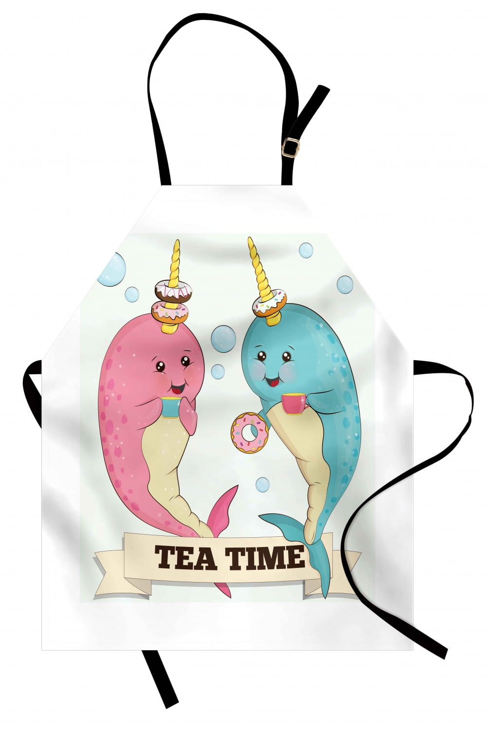 Narwhal Apron, Tea Drinking Whales Ocean Unicorn with Abstract Bubbles ...