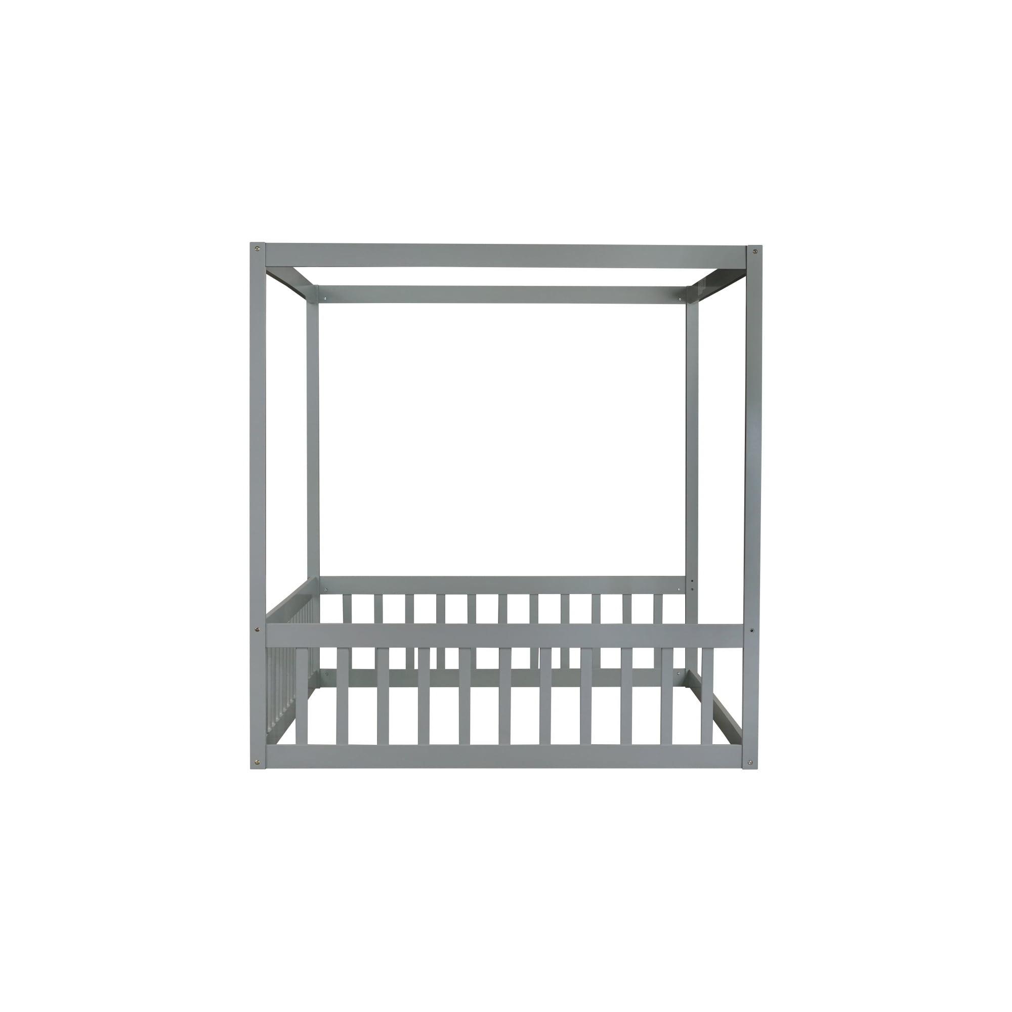 Leumius Full Size Canopy Frame Rubber Wood Floor Bed with Fence,Guardrails for Boys Girls Grey
