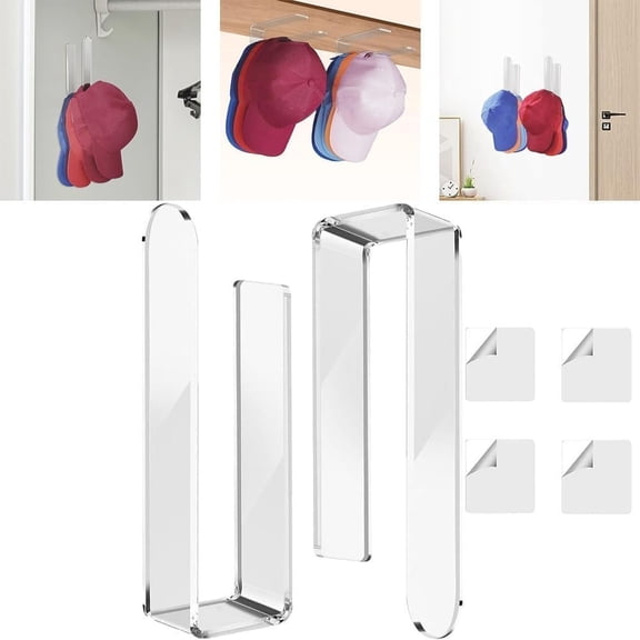 CEYAZYE 2Pcs Sturdy Acrylic Wall Mounted Hat Hook, Baseball Hat Organizer, Sticky Hat Storage for Baseball Cap, Strong Adhesive Hat Rack for Wall Door Closet (Clear)