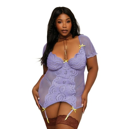 

Dreamgirl Embroidered Eyelet Band and Stretch Fishnet Garter Slip and G-string Set