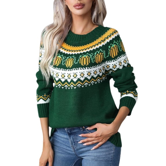 Bovemsi Sweaters for Women Cozy Pumpkin Print Long Sleeves Knit Sweater Crewneck Casual Pullover Tops Fall Halloween Party Sweatershirt Fall Sweaters
